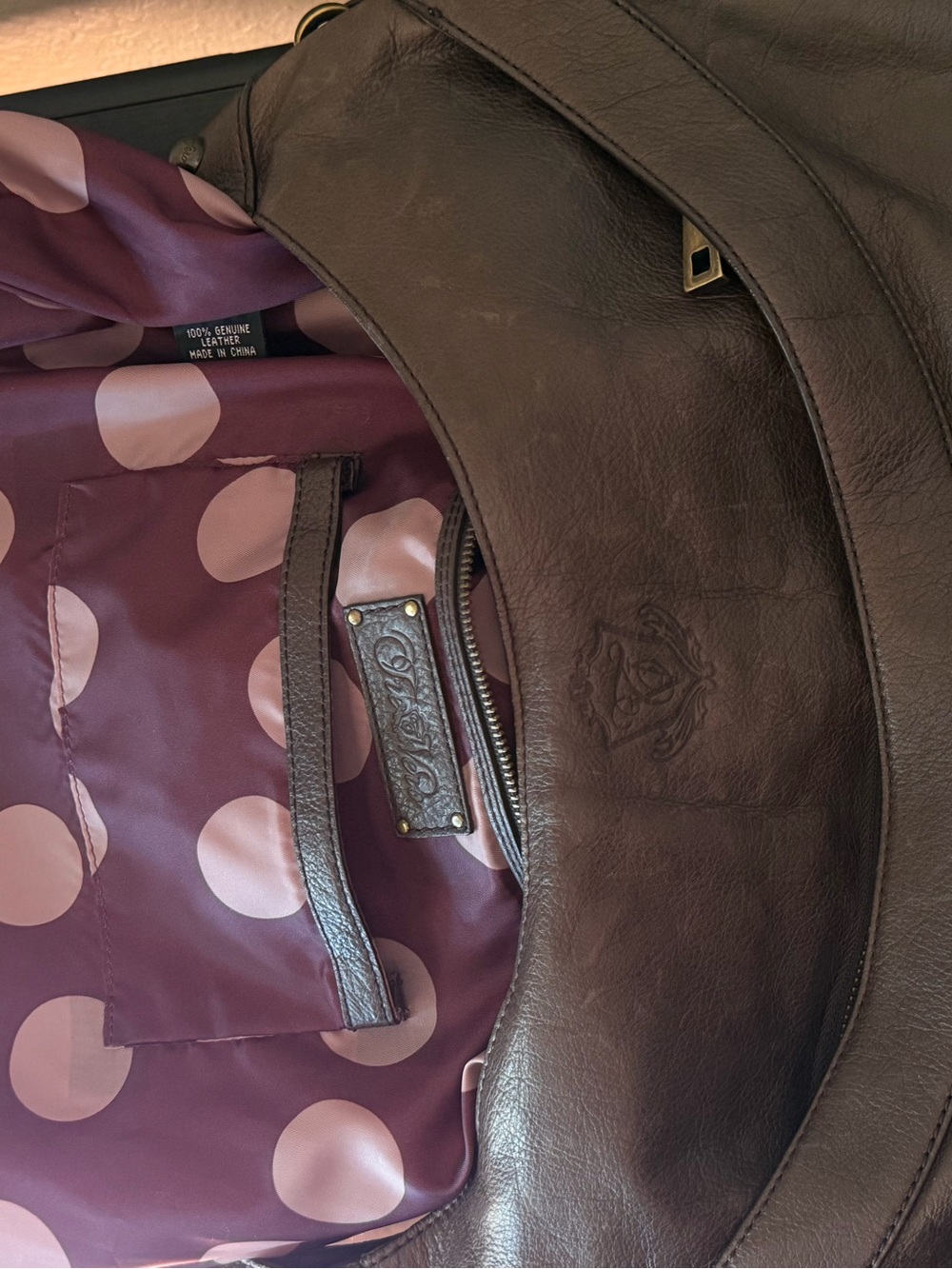 Slouch hobo Multi pocket oversized shoulder bag purple polka dot lining leather - Picture 8 of 9